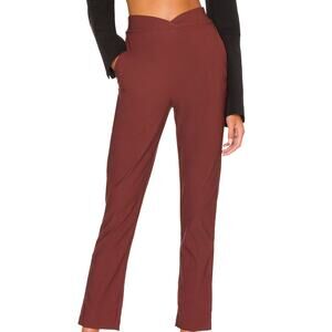 NBD Brown Straight Trouser Pants SMALL Split Hem V-Cut Crossover Waist $178 NEW